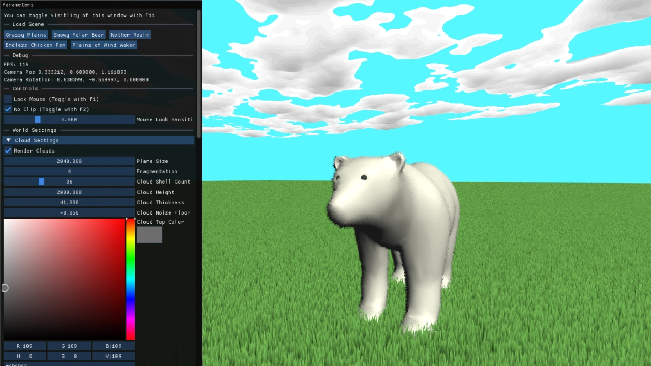 Simple scene with shell-textured grass and polar bear fur.