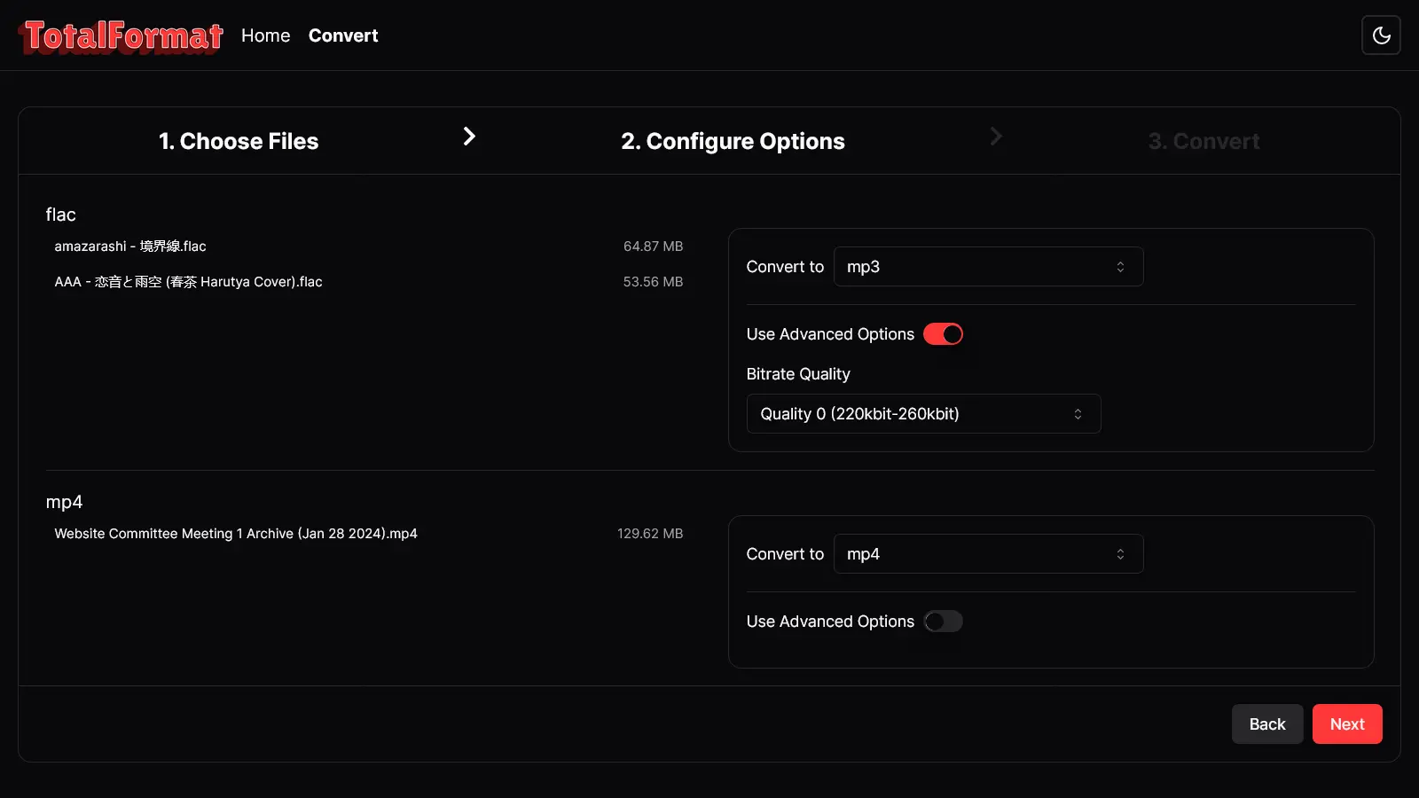 Conversion options available for each source format.